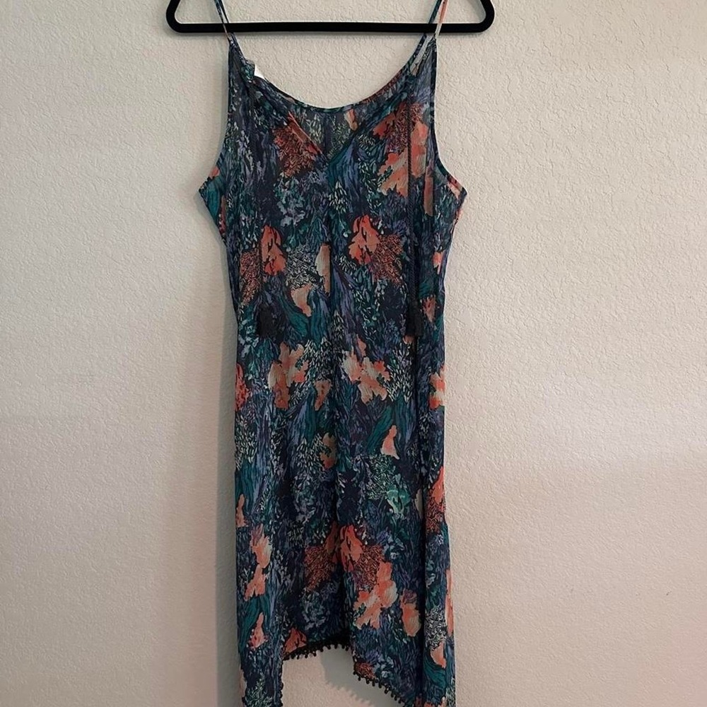 Old Navy Womens Medium Blue Floral Handkerchief Hem Pom Pom Tassel Dress